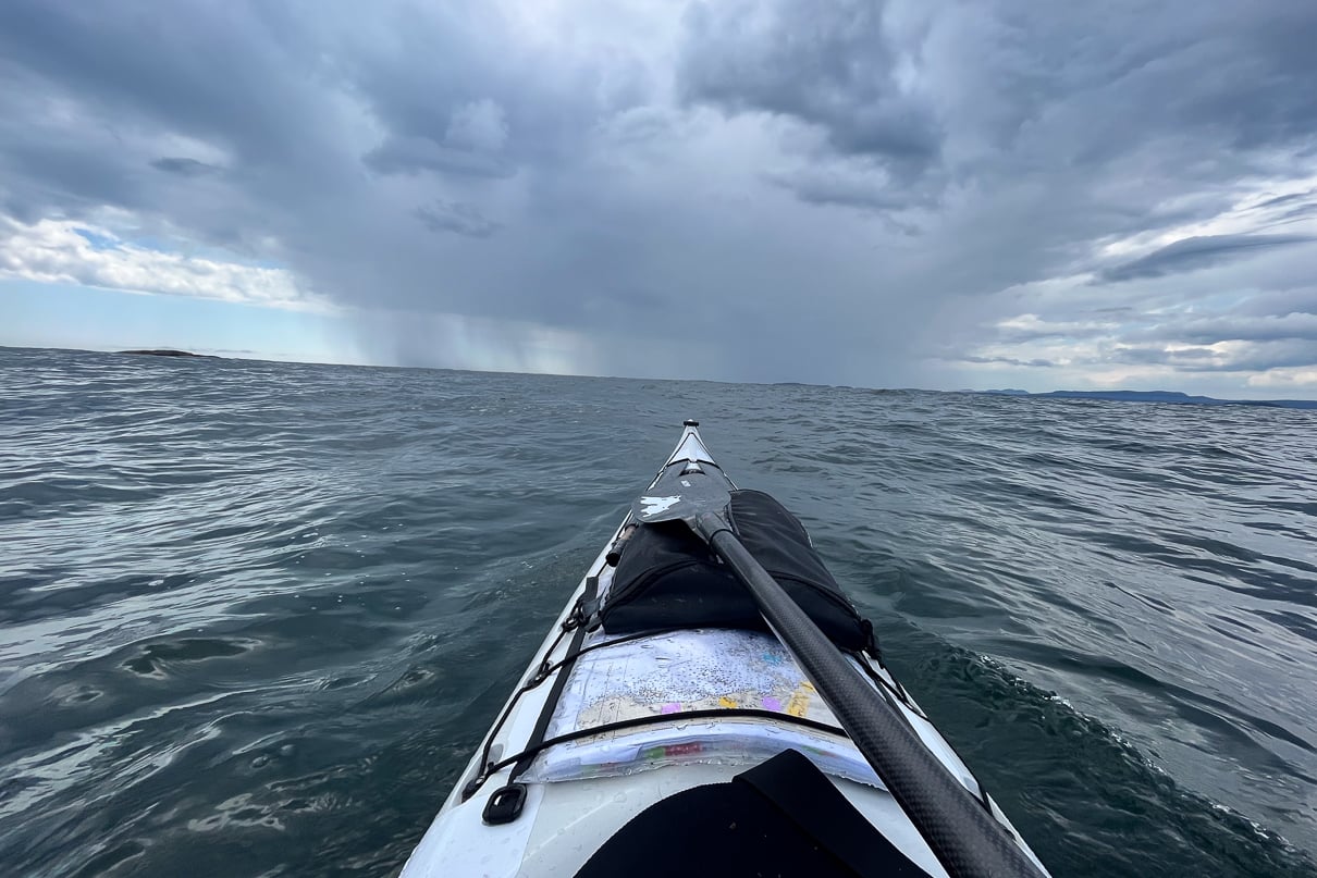 Weather approaches on Lake Superior as Simes kayaks around the largest freshwater lake in the world by surface area.