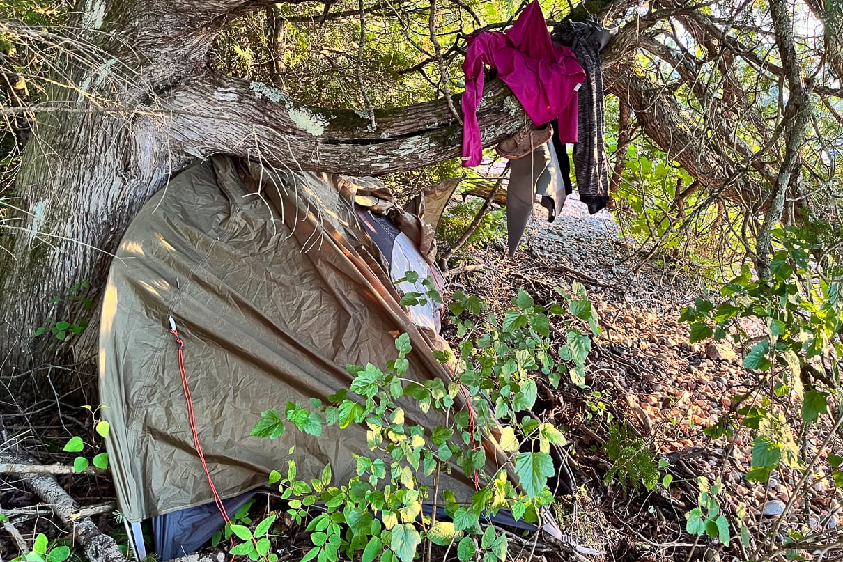 A cramped campsite along Lake Superior from Constance Simes' Lake Superior sea kayak expedition. 