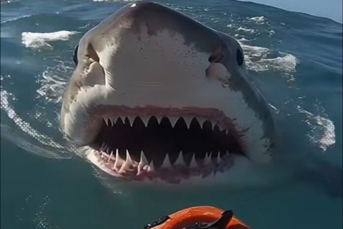 An AI-Shark approaches a kayak