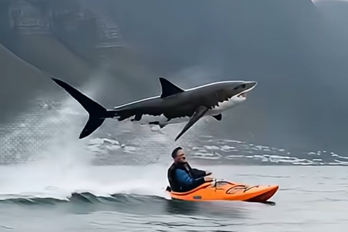 AI-image of a shark jumping over a kayaker