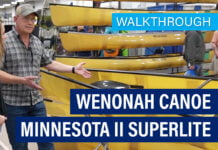 Text Wenonah Superlite Canoe in Minnesota II over image of canoes at Canoecopia