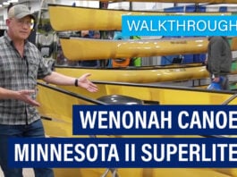 Text Wenonah Superlite Canoe in Minnesota II over image of canoes at Canoecopia