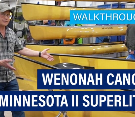 Text Wenonah Superlite Canoe in Minnesota II over image of canoes at Canoecopia