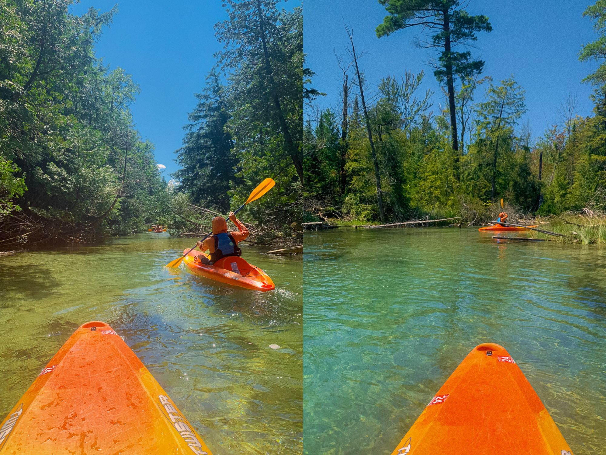 Image of an orange kayak on the blue water of the Crystal river in michigna