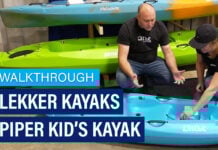 Text walkthrough of the Lekker Kayaks Piper Kid's Kayak over image of the kayak